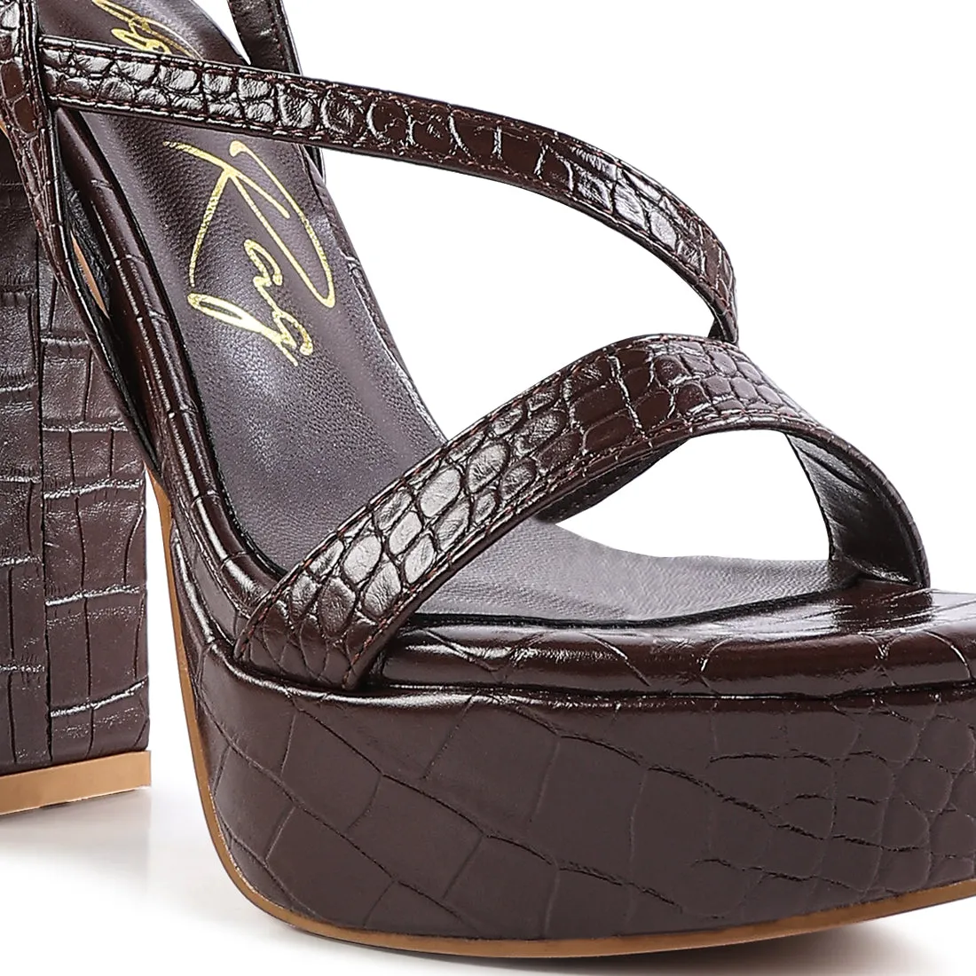 Dark Brown Slingback Block High Heeled Sandals