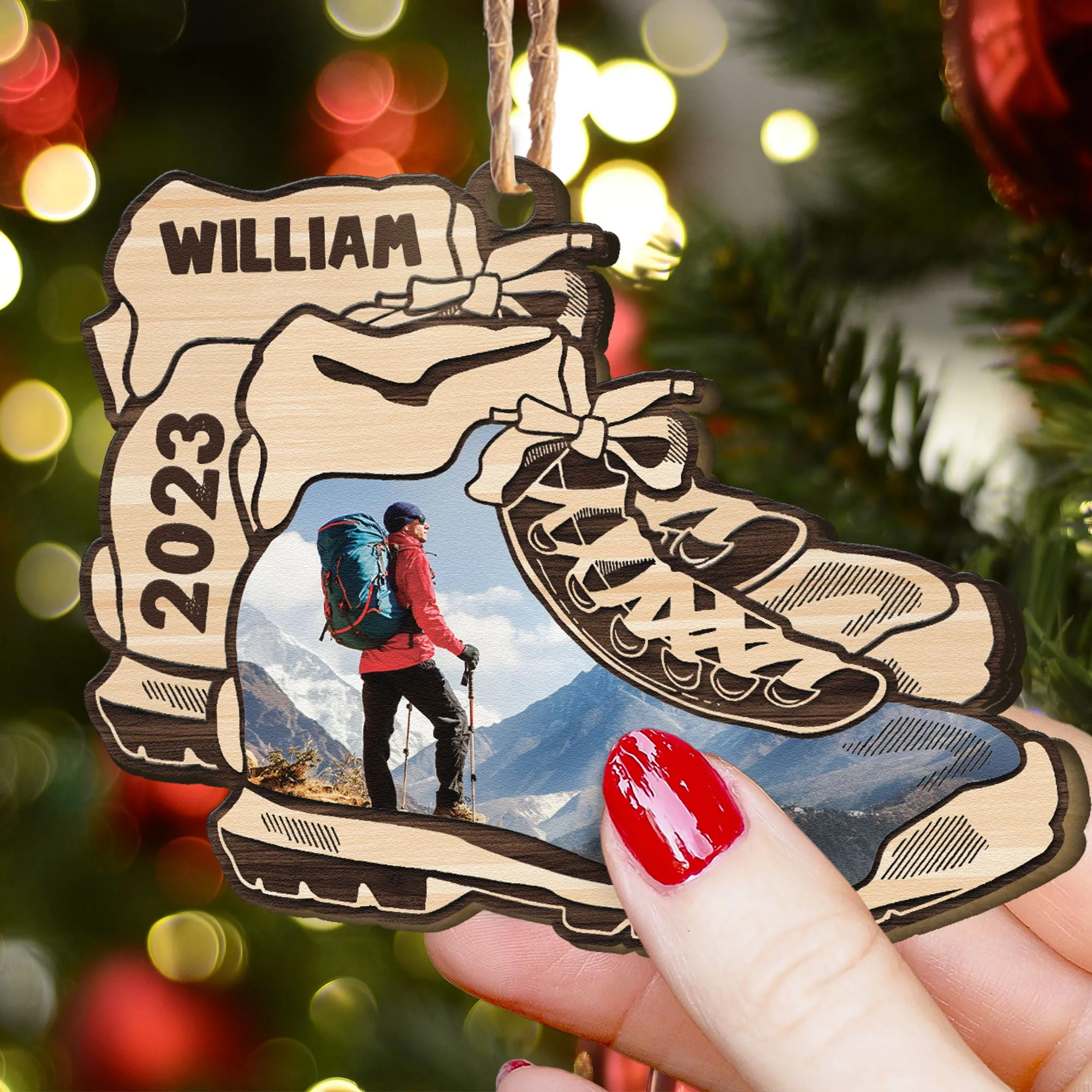 Hiking Boots Ornament - Personalized Wooden Photo Ornament