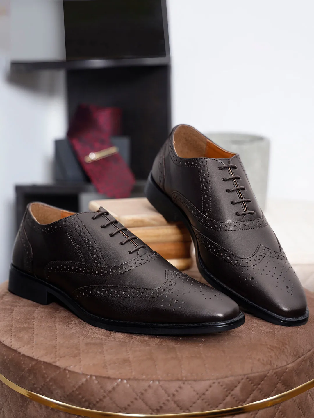 Italian Leather Wingtip Brogue Brunette Brown Shoes for Men