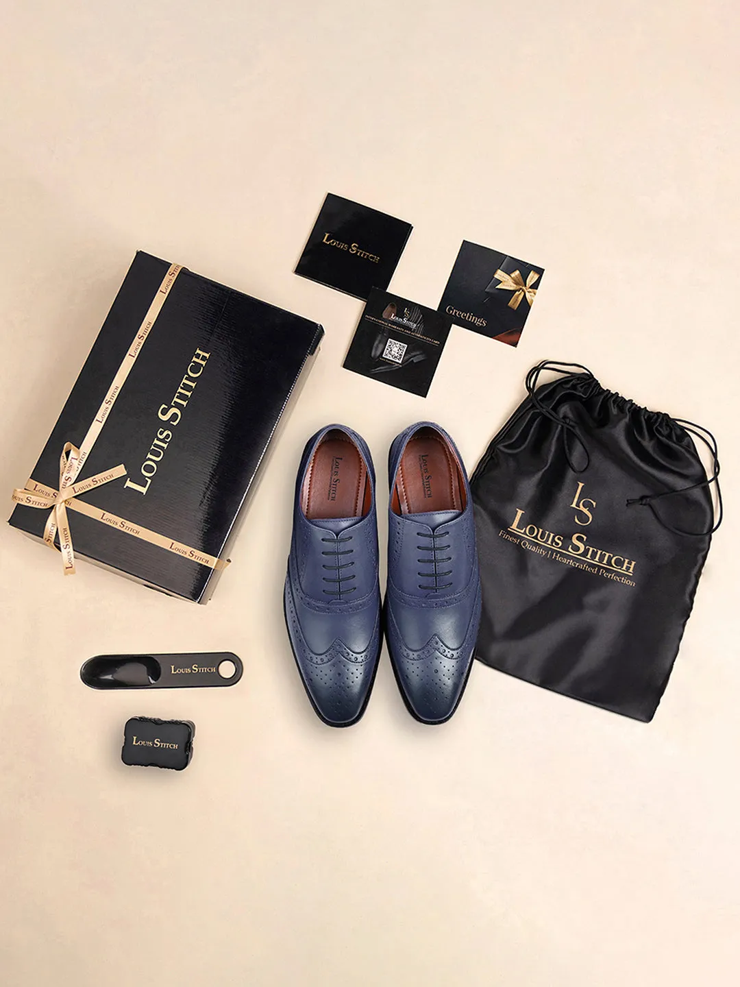 Italian Leather Wingtip Brogue Federal Blue Shoes for Men