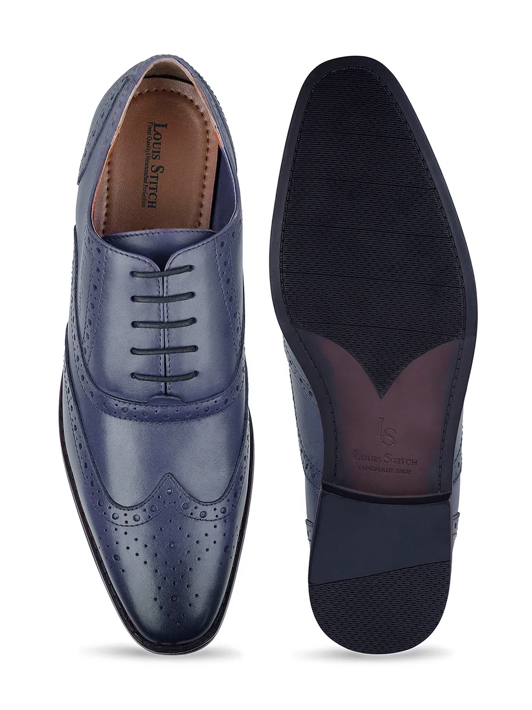 Italian Leather Wingtip Brogue Federal Blue Shoes for Men