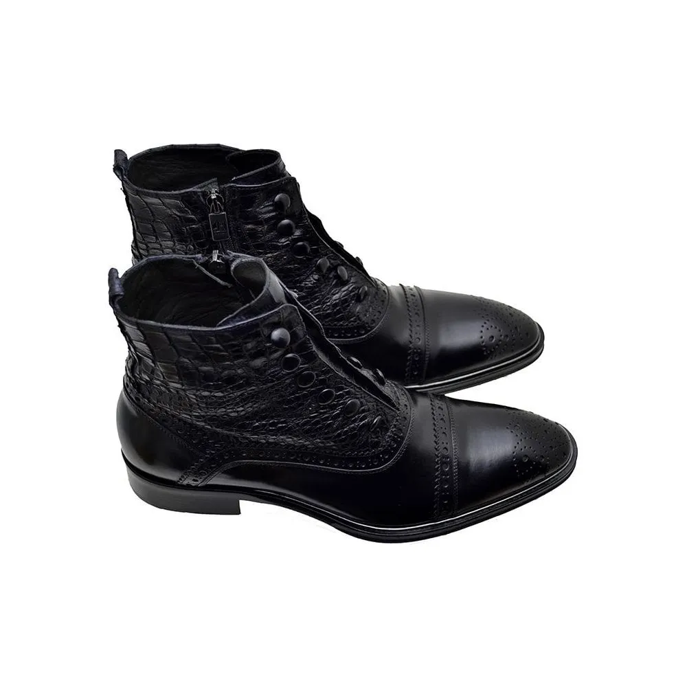 Men's Italian Shoes Jo Ghost 3814 Black Leather Print Crocodile Brogues Boots size 46
