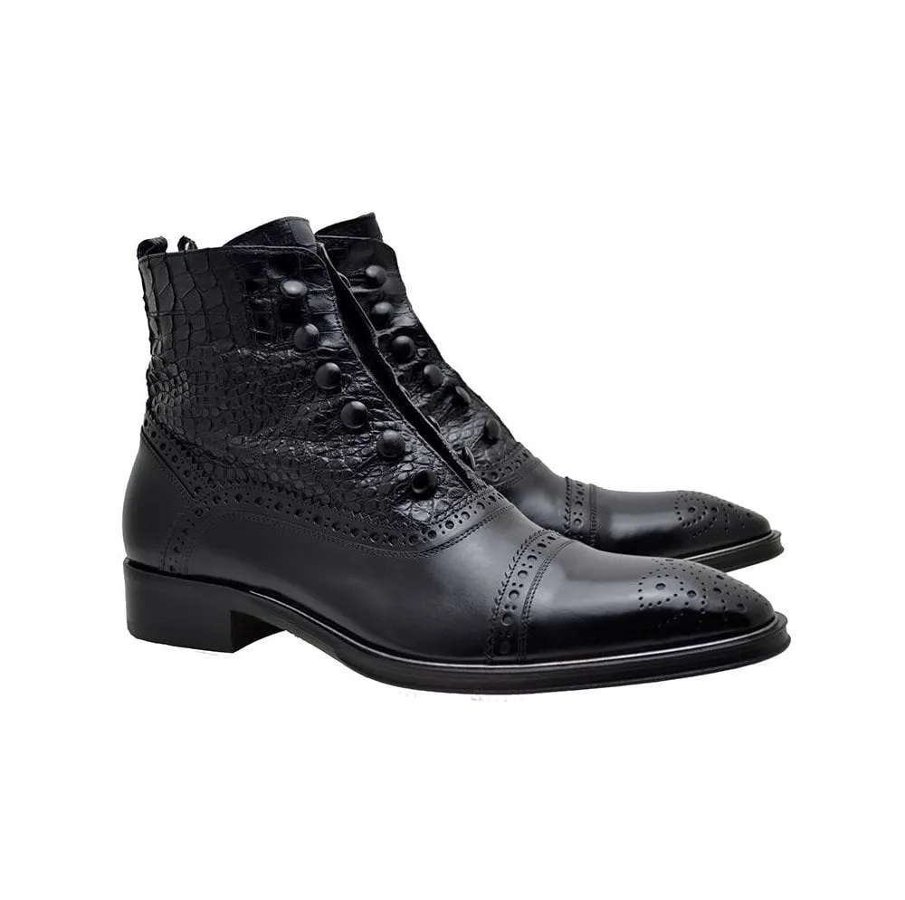 Men's Italian Shoes Jo Ghost 3814 Black Leather Print Crocodile Brogues Boots size 46
