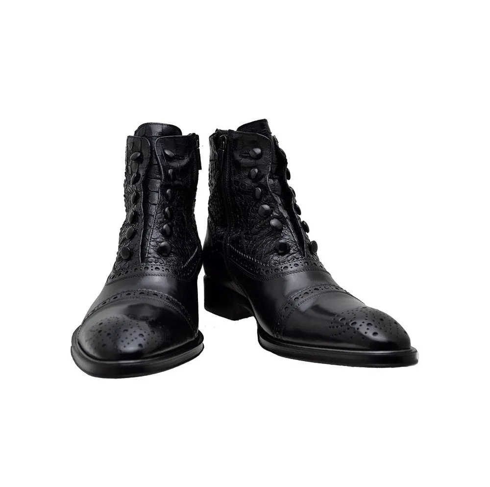 Men's Italian Shoes Jo Ghost 3814 Black Leather Print Crocodile Brogues Boots size 46