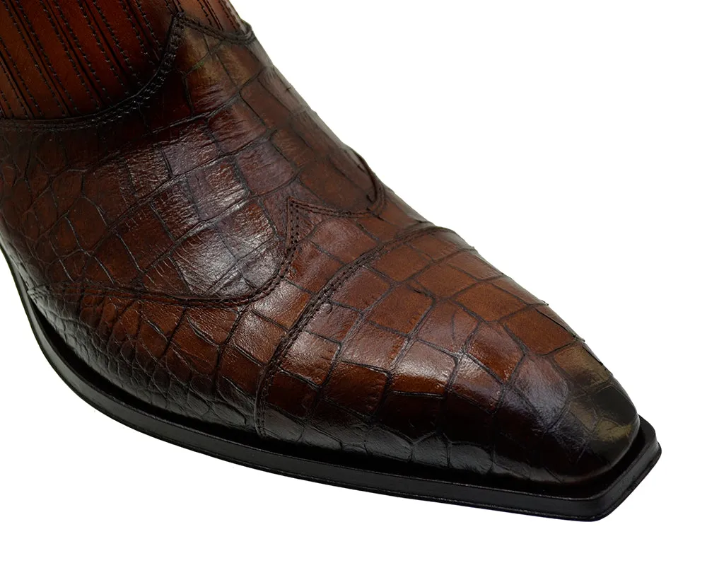 Men's Italian Shoes Jo Ghost 5223 Brown Print Crocodile Leather Dress Ankle Boots