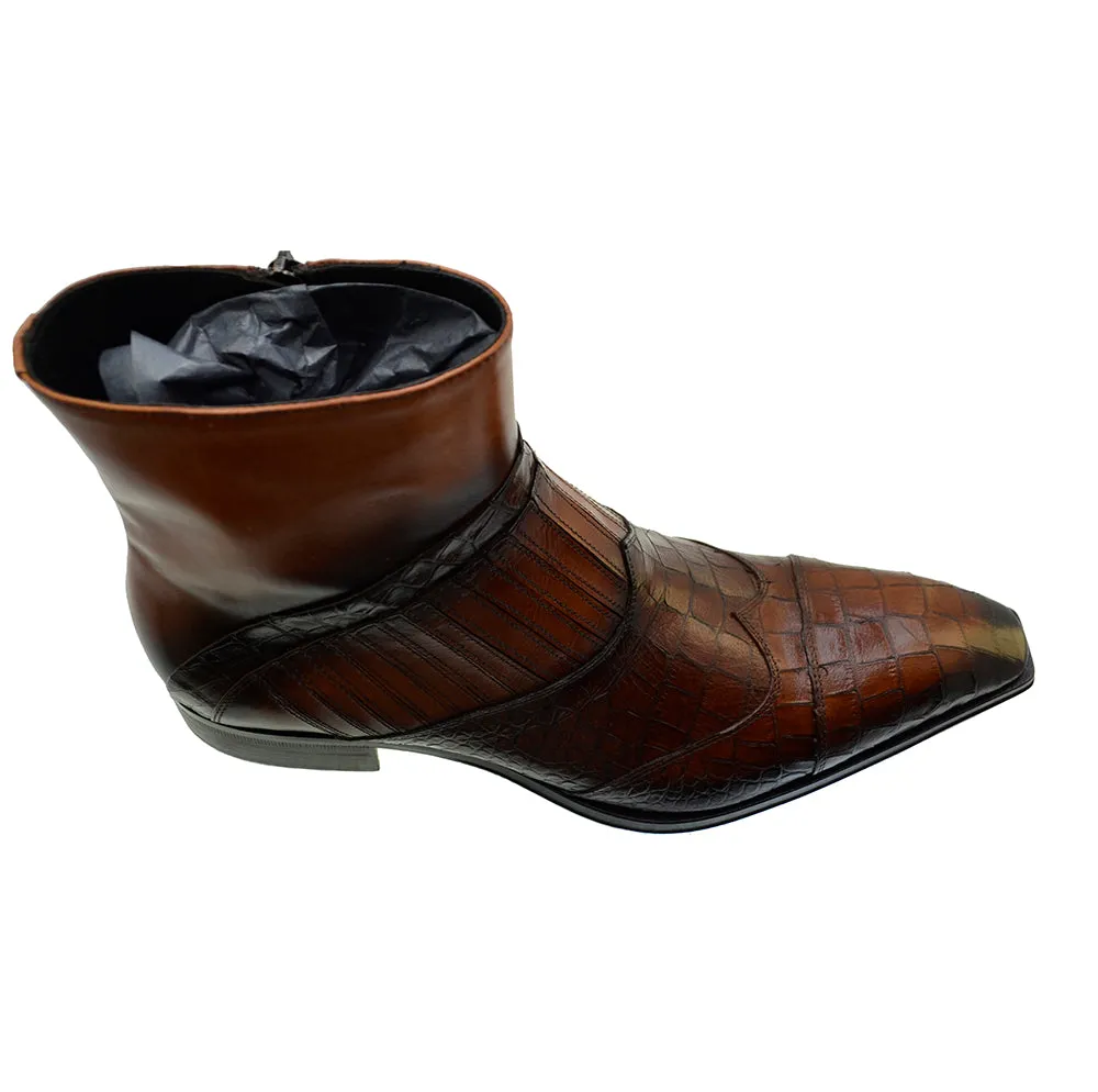Men's Italian Shoes Jo Ghost 5223 Brown Print Crocodile Leather Dress Ankle Boots