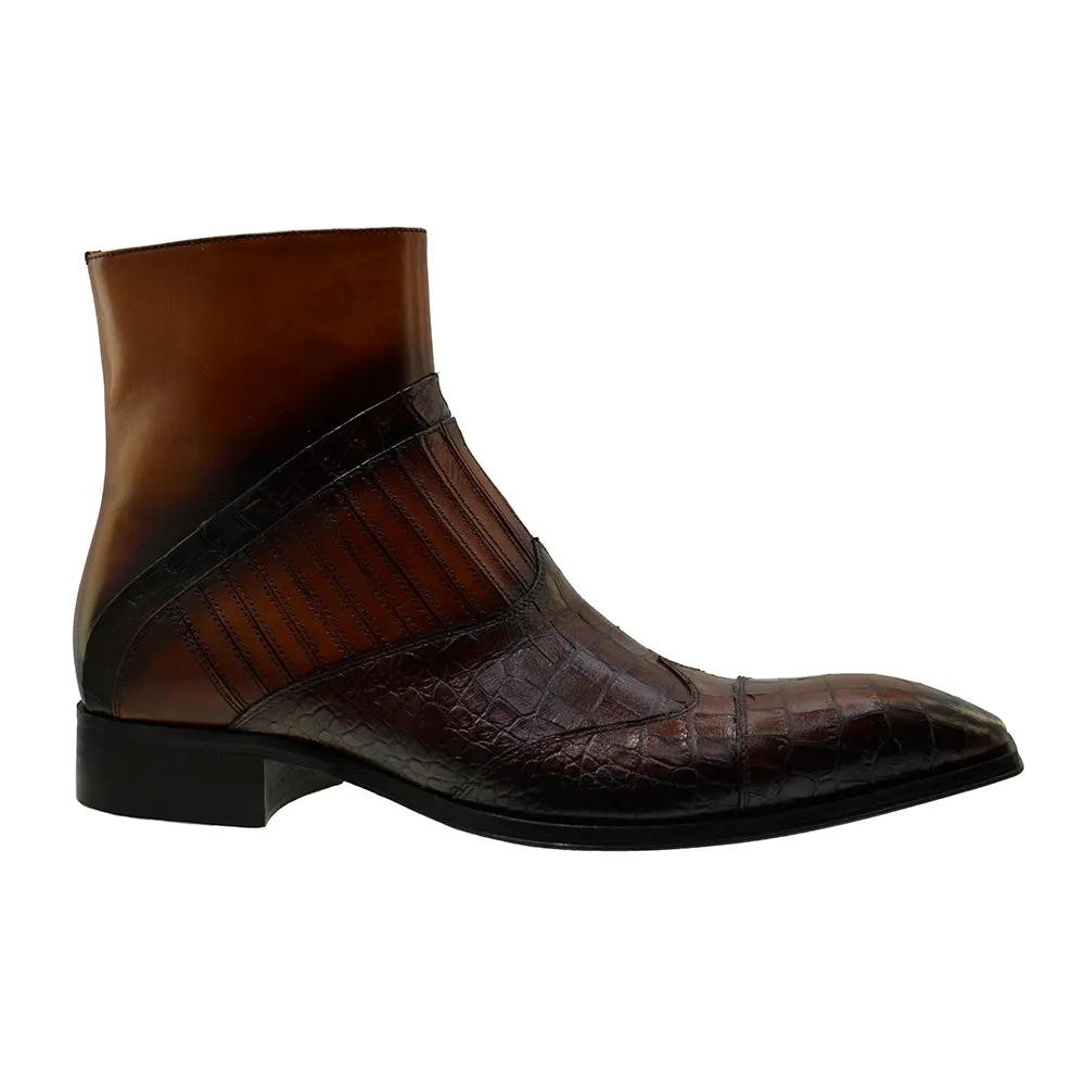 Men's Italian Shoes Jo Ghost 5223 Brown Print Crocodile Leather Dress Ankle Boots