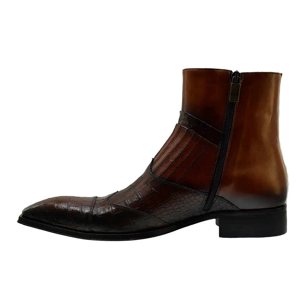 Men's Italian Shoes Jo Ghost 5223 Brown Print Crocodile Leather Dress Ankle Boots