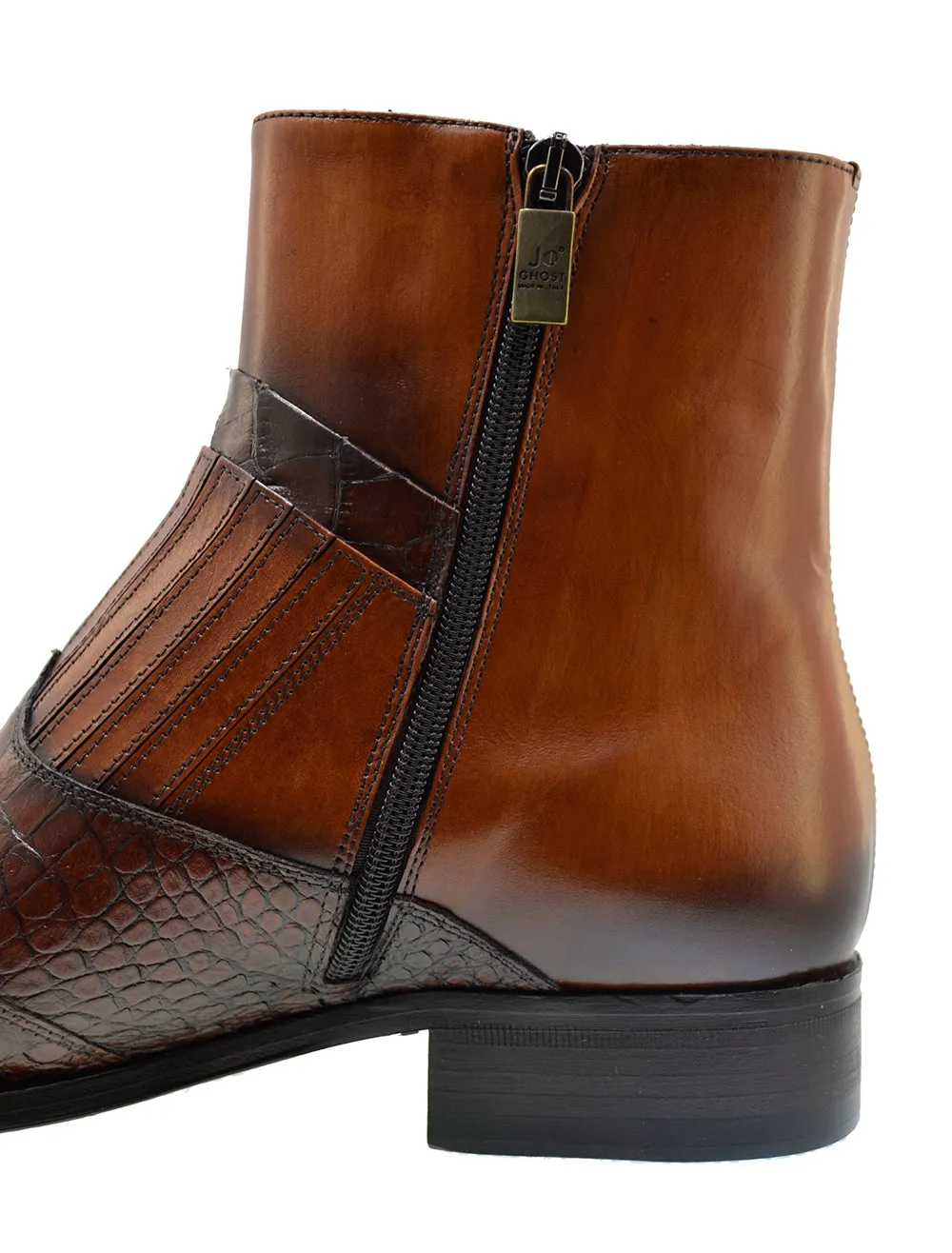 Men's Italian Shoes Jo Ghost 5223 Brown Print Crocodile Leather Dress Ankle Boots