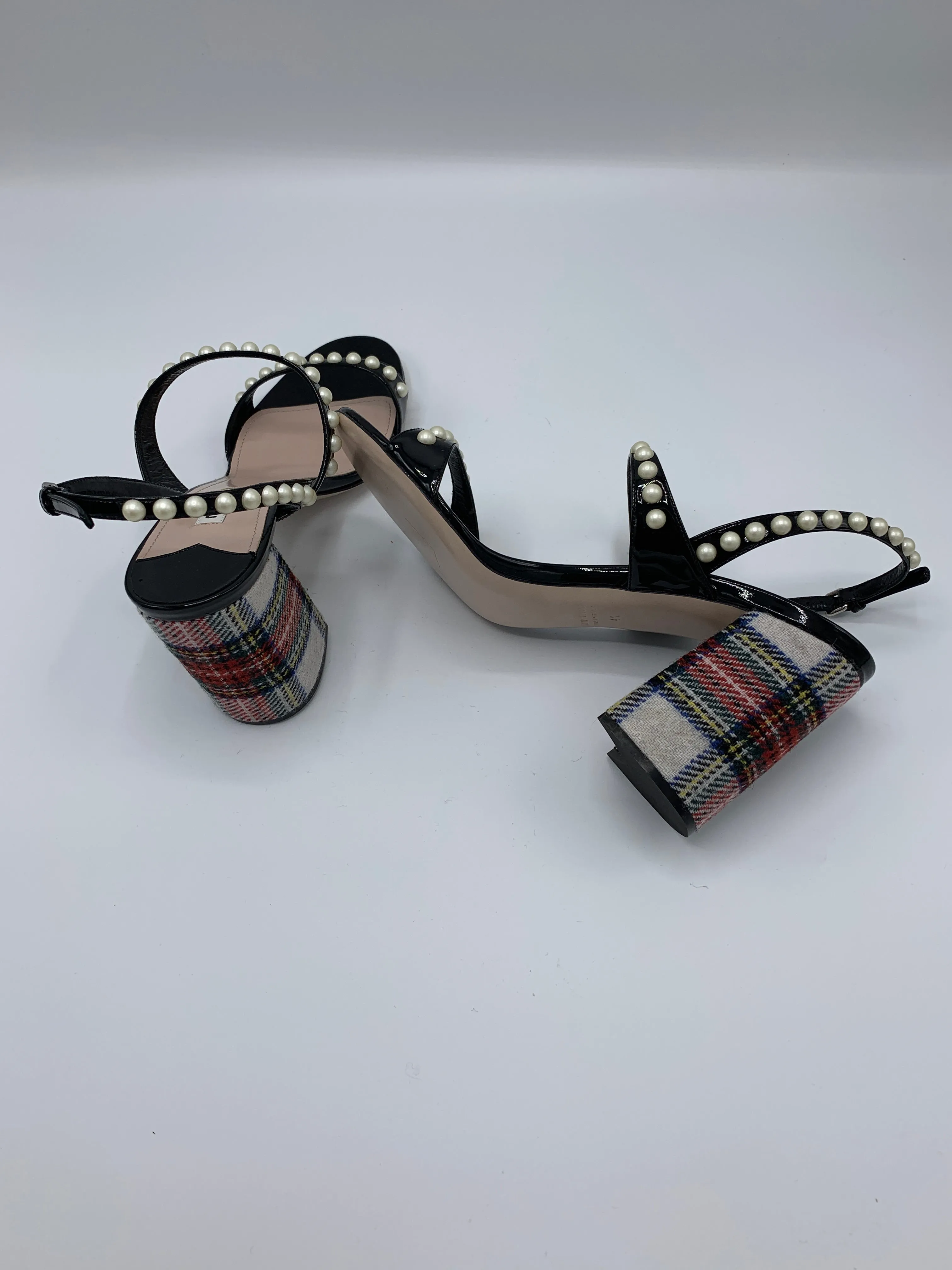 Miu Miu Tartan Heels with Faux Pearl Embellishments