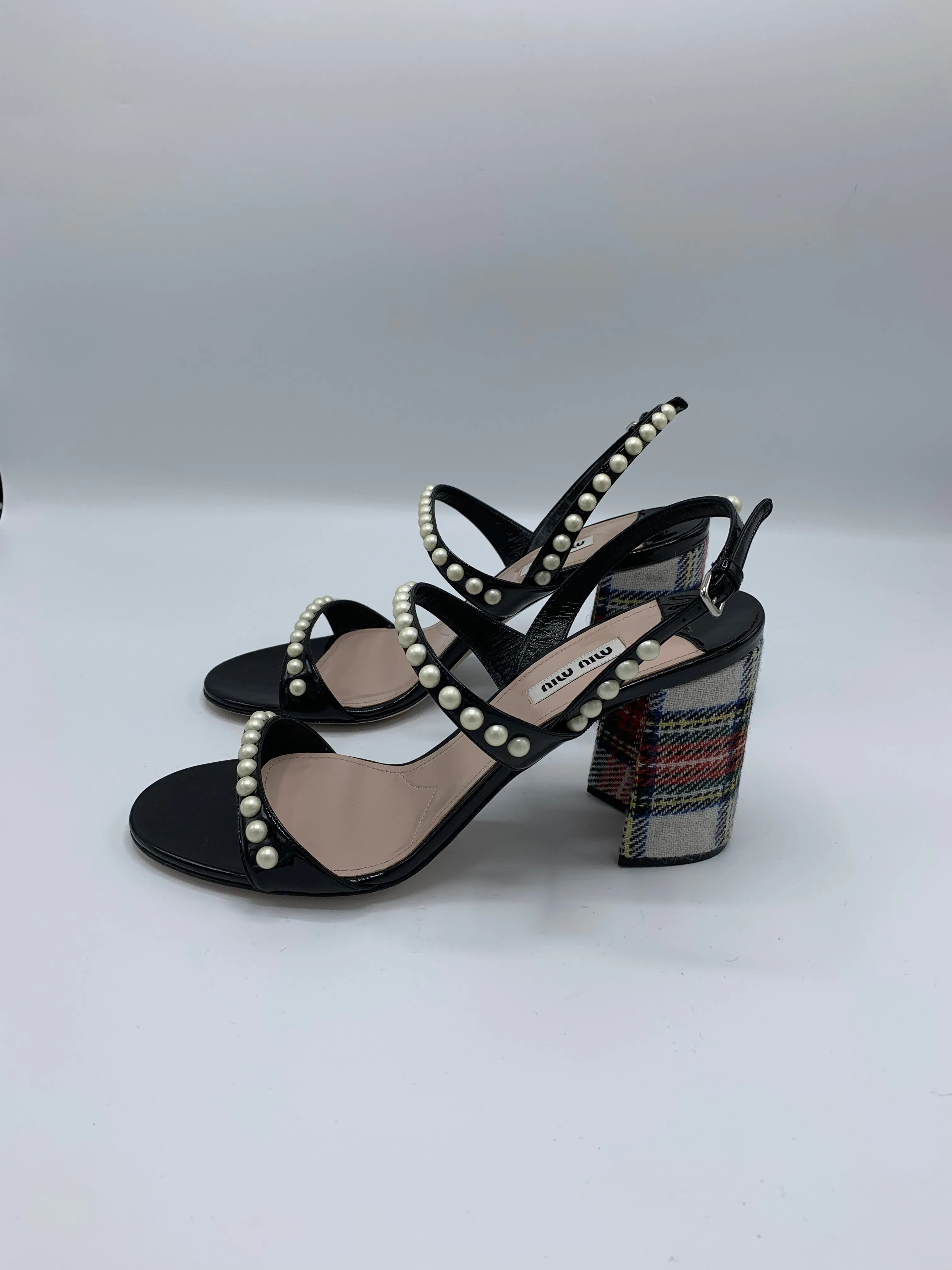 Miu Miu Tartan Heels with Faux Pearl Embellishments