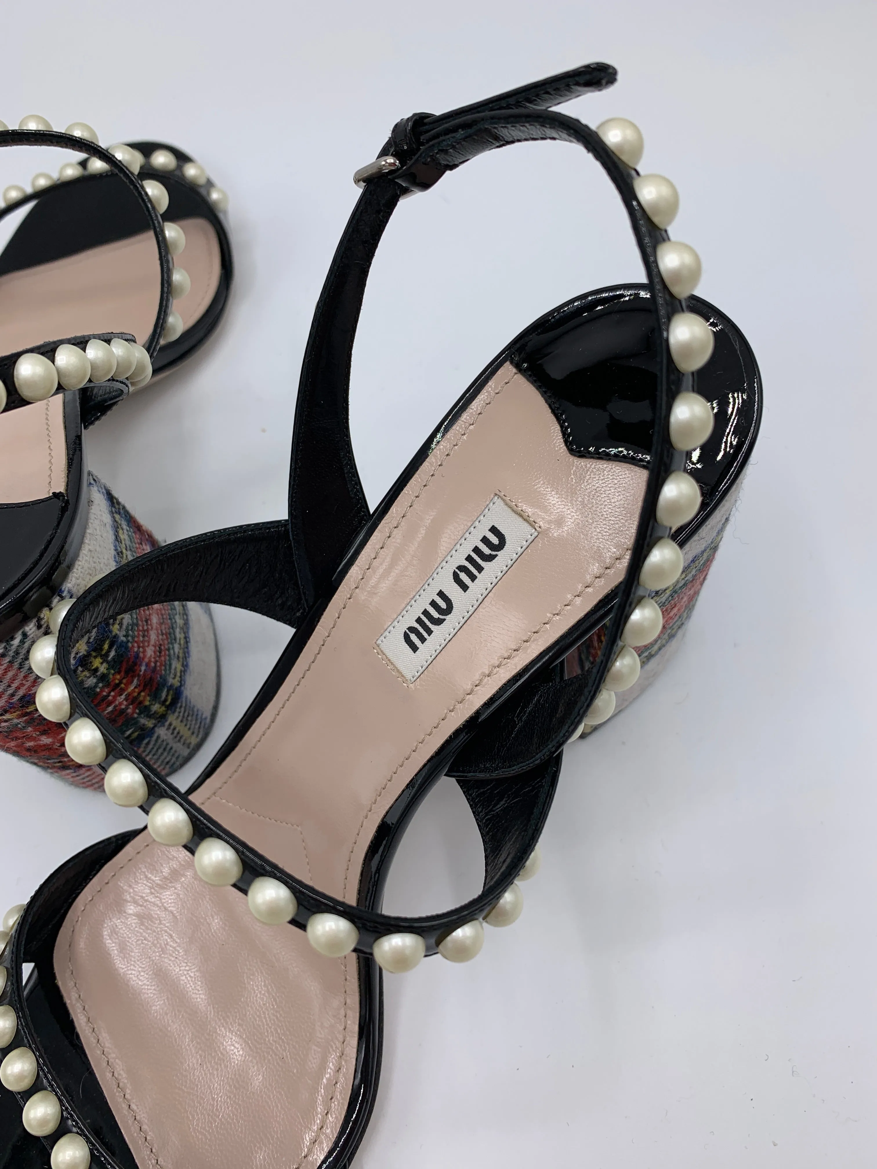 Miu Miu Tartan Heels with Faux Pearl Embellishments
