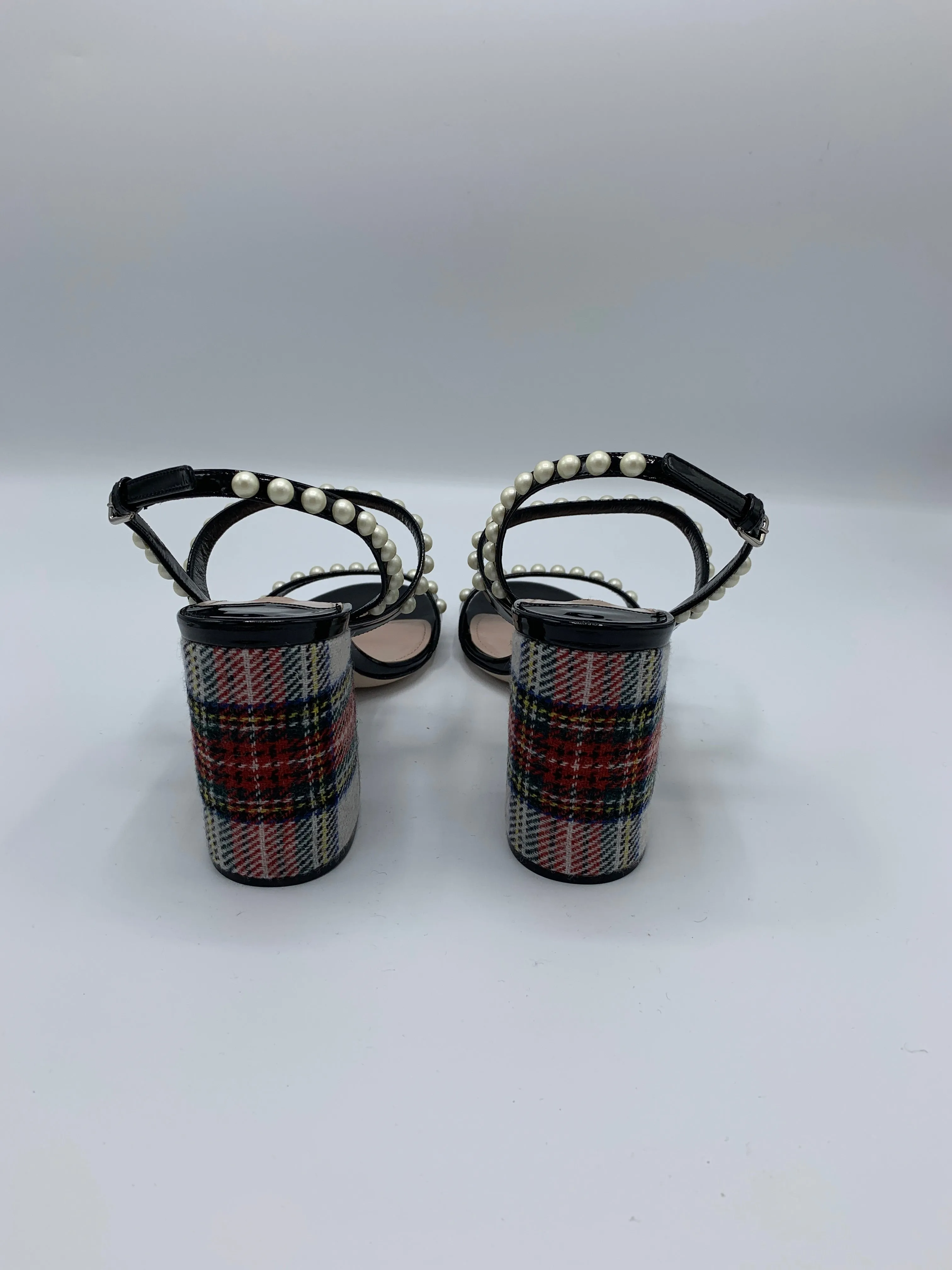 Miu Miu Tartan Heels with Faux Pearl Embellishments