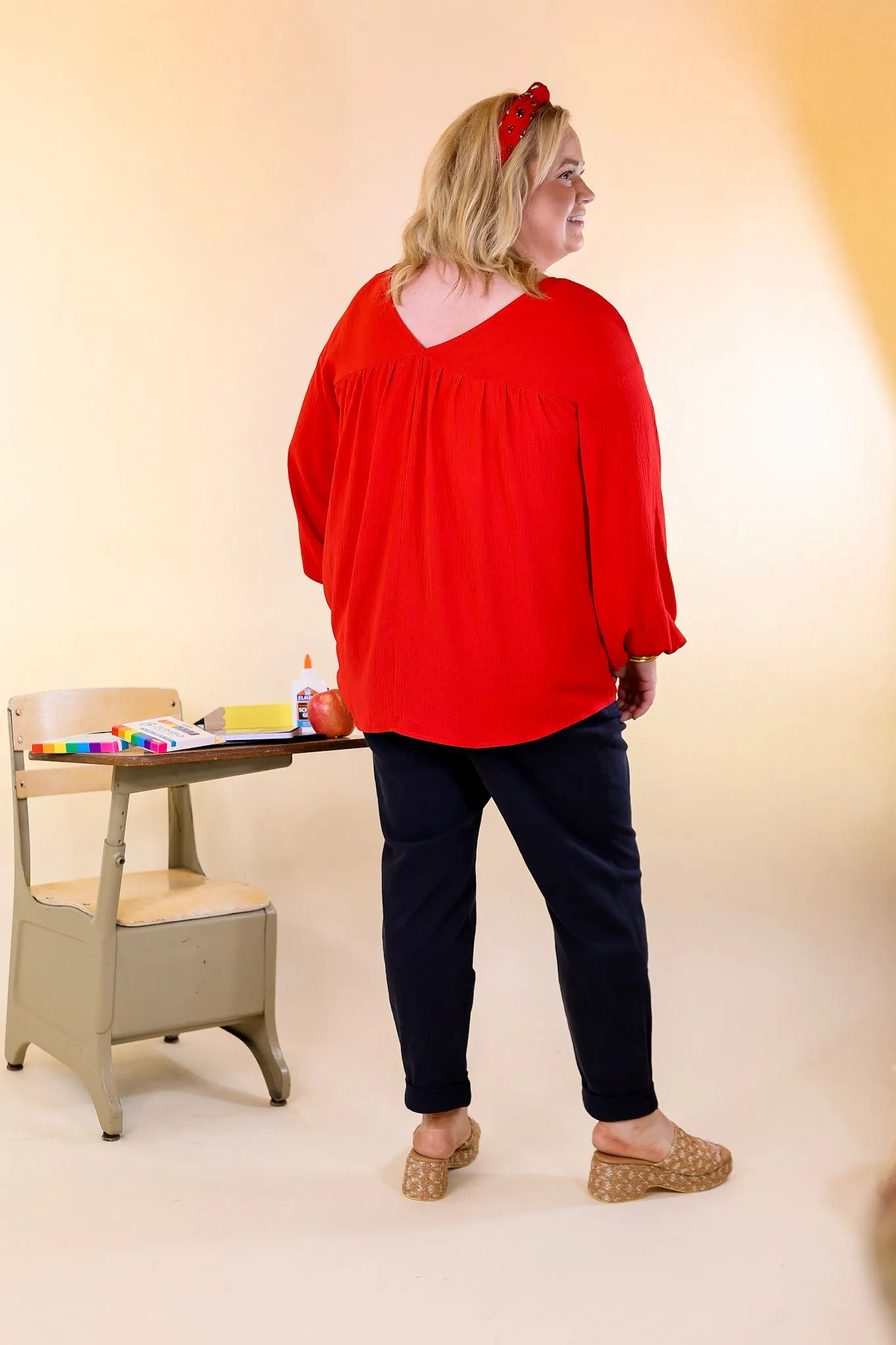 Office Feels Long Sleeve V Neck Babydoll Top in Red