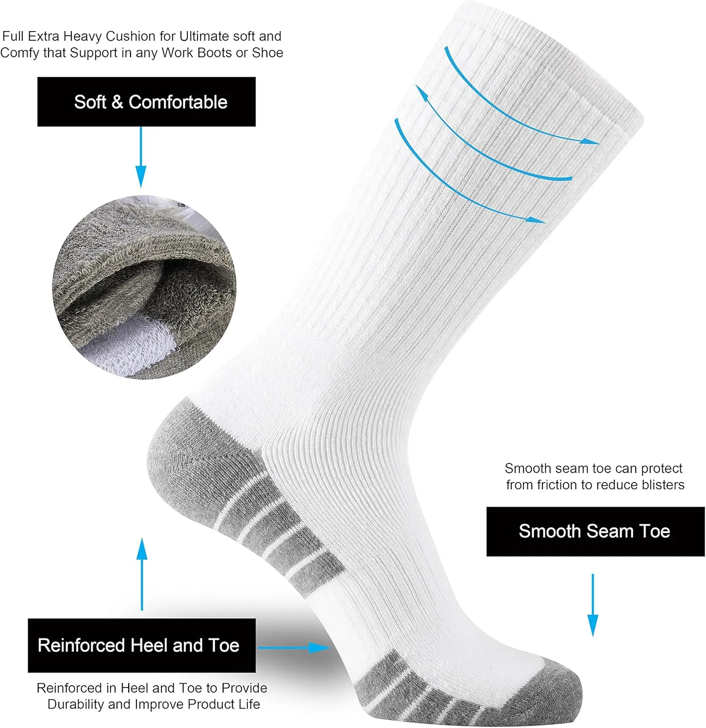 ONKE Max Full Cushion Crew Socks for Men M-XXL Athletic Work Boots Heavy Duty Steel Toe Thick Warm Moisture Wicking Control