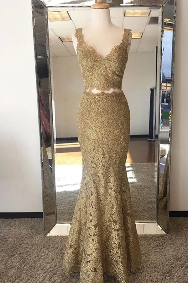 Two Piece Mermaid V-Neck Sweep Train Gold Lace Prom Dress LR38