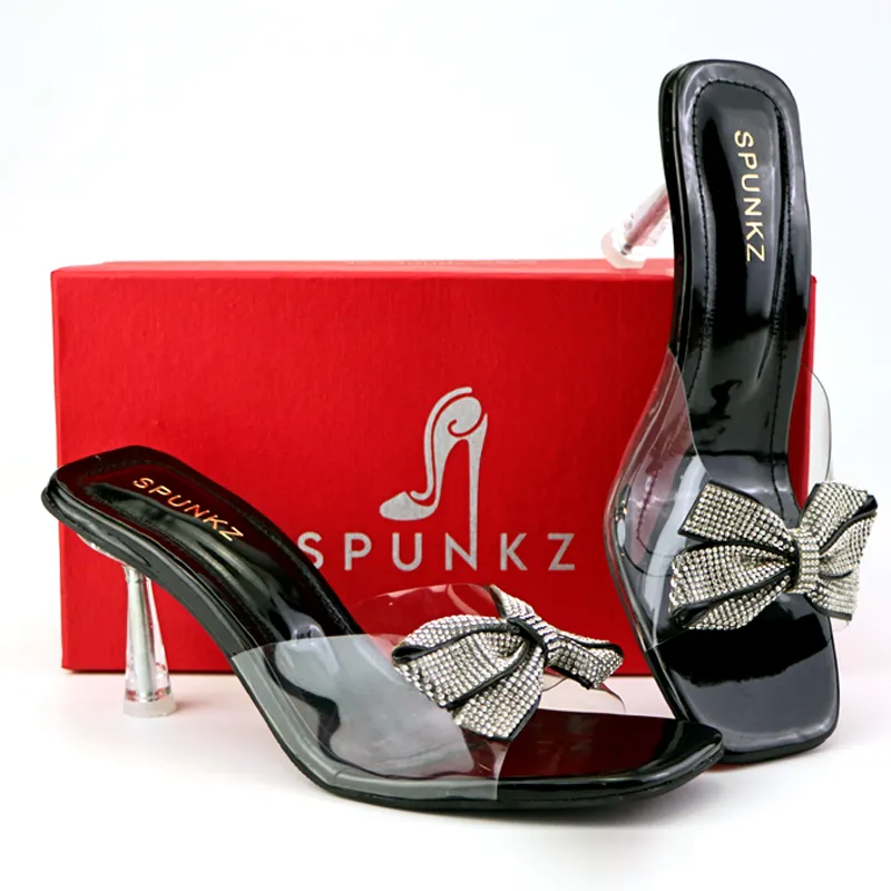 Women Sandals Mesh Bow Clear Thin Heels Transparent Shoes