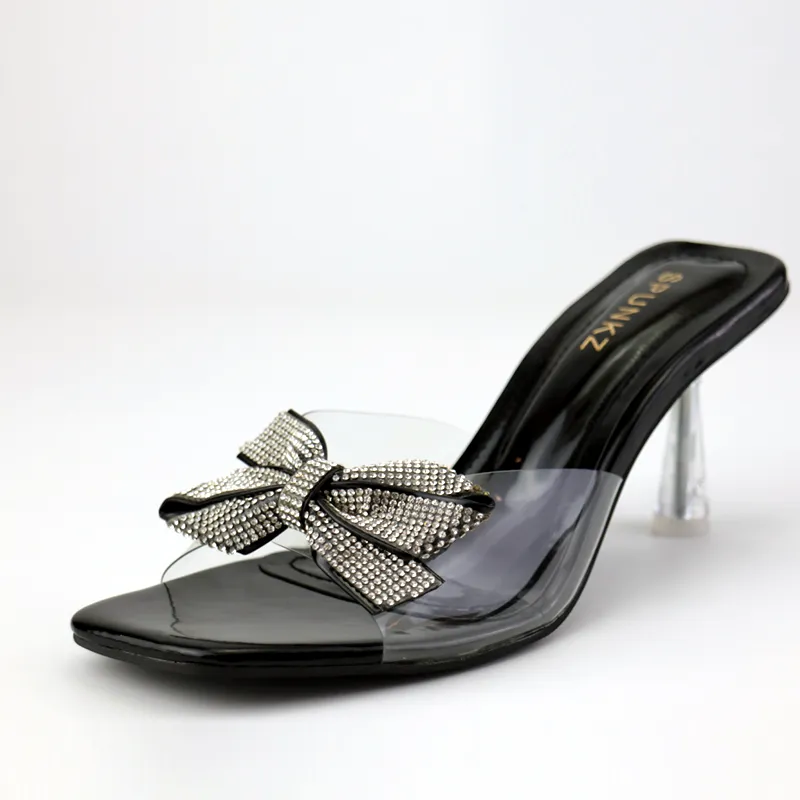 Women Sandals Mesh Bow Clear Thin Heels Transparent Shoes